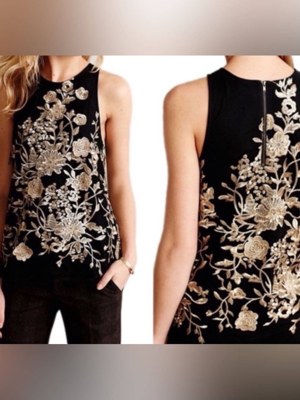 NEW Sunday In Brooklyn Black and Gold Floral Embroidered Appliqué 3D Top - XS - Picture 3 of 11
